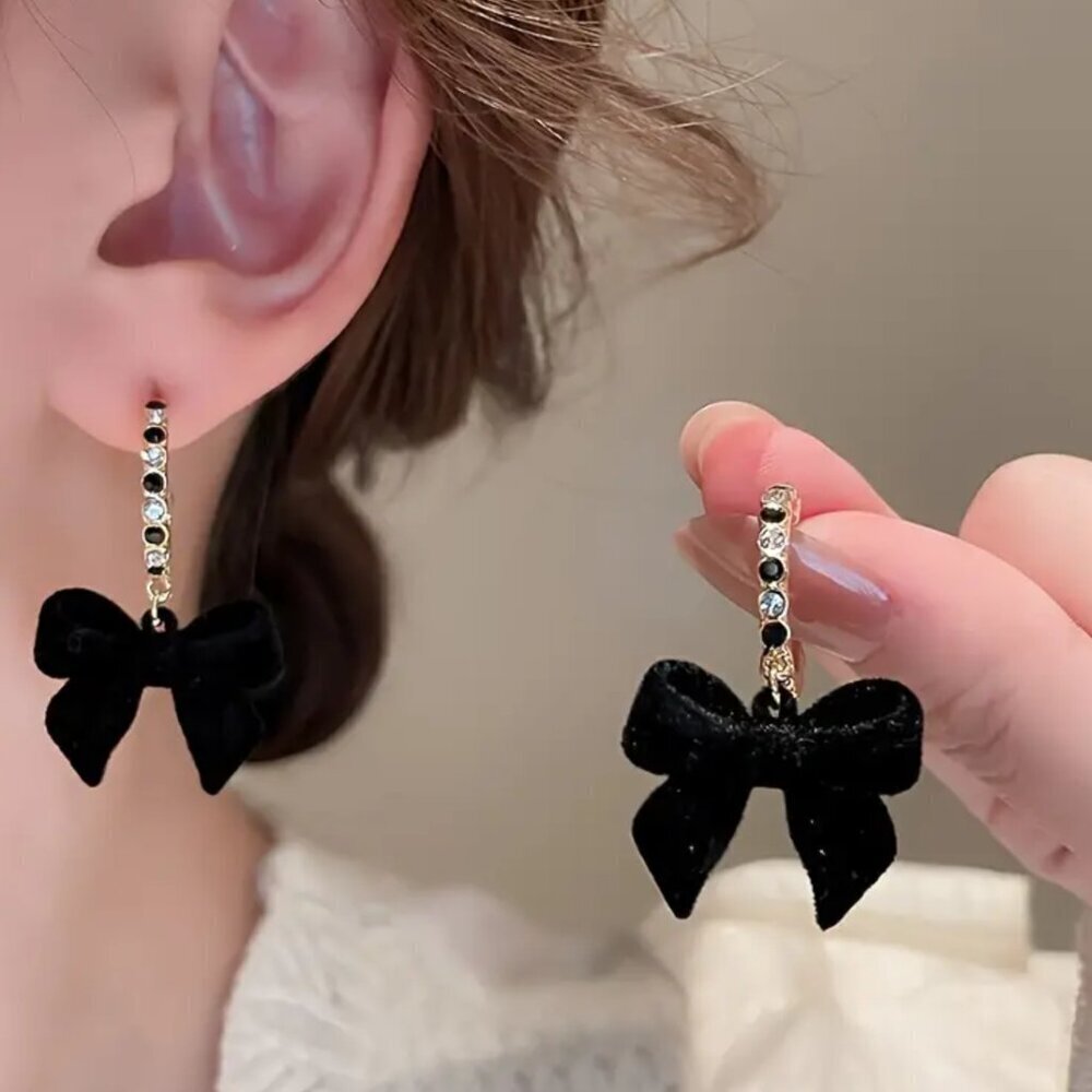 NEW Black velvet bow stud dangle earrings coquette bow jewelry, hoop earrings